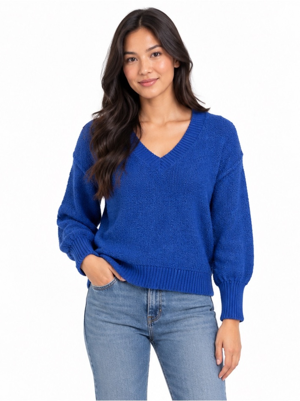 Altar'd State Royal Blue V-Neck Balloon Sleeve Sweater